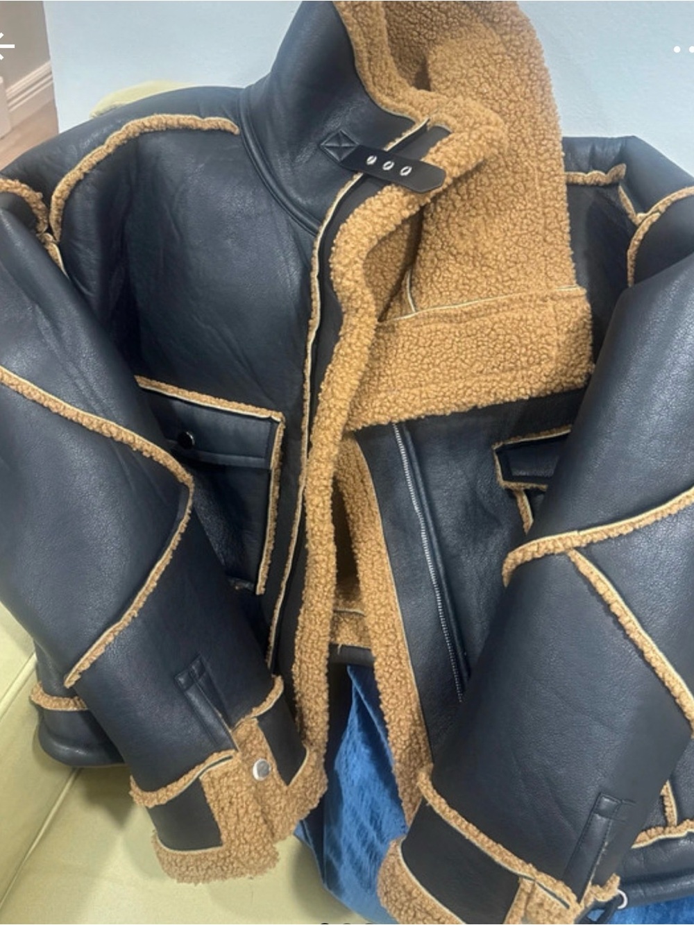 Woman’s Brown Shearling Aviator Jacket with Tan Trim